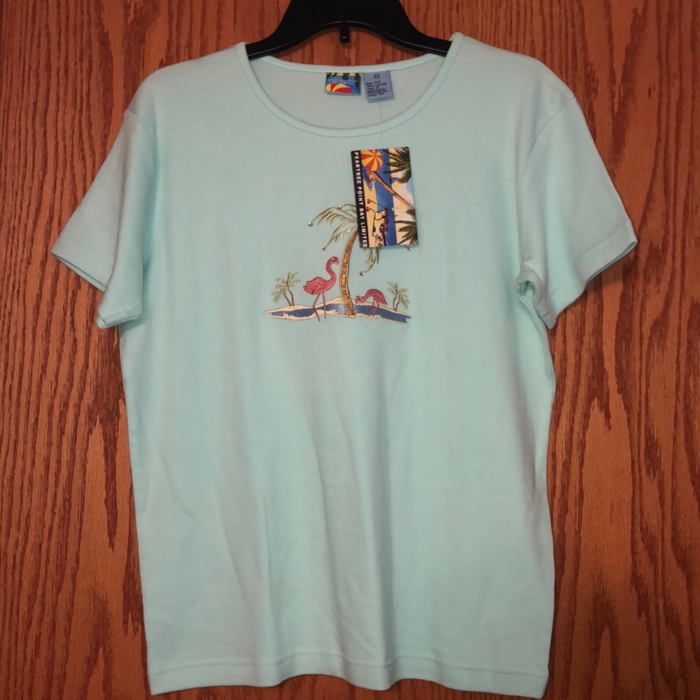 Flamingo and palm tree light blue tee